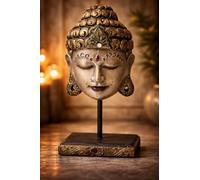 Marblechic Cabeza de Buda de madera Albesia 30 cm - Escultura artesanal india pintada a mano - Decoración Zen dorado envejecido