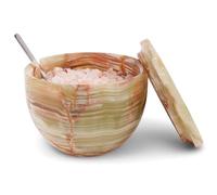 MARBLOUS KRAFTS Bodega de sal de mármol con tapa y cuchara, 4 x 3 pulgadas, ónix verde, cuenco hecho a mano para sal y especias para accesorios de almacenamiento de cocina, recipiente ideal para