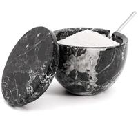 MARBLOUS KRAFTS Bodega de sal de mármol con tapa y cuchara, contenedor de especias de cebra negra de 3 x 4 pulgadas para encimera de cocina, 4.7 onzas, perfecto para tazón de azúcar de San Valentín