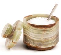 MARBLOUS KRAFTS Bodega de sal de mármol con tapa y cuchara Contenedor de especias de ónix verde de 7,6 cm, soporte para condimentos y salero para encimera, ideal para almacenamiento en la cocina