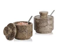 MARBLOUS KRAFTS Bodega de sal de mármol de 3 pulgadas para encimera, juego de 2 cajas de especias, contenedor de azúcar morena y tarro de azúcar con tapa y cuchara, perfecto para almacenamiento de