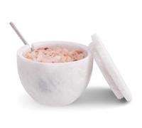MARBLOUS KRAFTS Salero de mármol blanco con tapa y cuchara, cuenco redondo de sal de 3 x 4 pulgadas para encimera de cocina, recipiente de sal y azúcar, conservador de sal de piedra natural