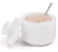 MARBLOUS KRAFTS Salero de mármol con tapa y cuchara de 3" blanco, recipiente pequeño para sal en escamas, tarro de condimentos, almacenamiento de especias para encimera, ideal para caja de sal, tarro