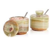 MARBLOUS KRAFTS Salero de mármol con tapa y cuchara, tablero de sal de piedra verde, 7,6 cm para encimera de cocina, juego pequeño decorativo con 2 tarros de especias