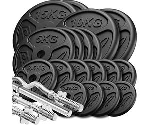 Marbo Sport Juego de pesas Slim de hierro fundido con barra reforzada de 198 cm ø30 mm, barra de rizo de 120 cm ø30 mm, barras con mancuernas de 40 cm ø30 mm y pesas, 1 barra de barra, 1 barra de rizo, 2 mancuernas | Establecer 83 kg / 113 kg / 173 kg opciones | Made in UE