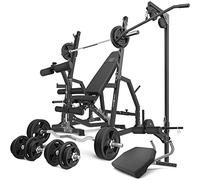 Marbo Sport Juego MS36_2.0_113KG | Banco bifacial + caballetes de gimnasio + módulo preacher + prensa para piernas + estación pulldown + barras reforzadas y pesas 113 kg | Made in EU