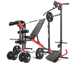Marbo Sport Set MH25 2.0 | Banco de musculación + 2 x Soportes para Mancuernas Entrenador de piernas + estación de Tiro Lateral MH-W104 + Escritorio Curl MH-A101 | Set 83kg / 113kg para Elegir