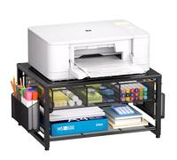 Marbrasse 2 Niveles Soporte para Impresora con Almacenamiento,Soporte para Monitor con Cajón y Dos Soportes para Bolígrafos,Organizador de Escritorio Multiusos para Fax,Escáner y Ordenador(Negro)