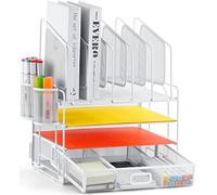 Marbrasse Organizador Escritorio,4-Tire Bandejas Oficina y 5 Soporte Vertical,2 Soportes para BolíGrafos,Bandeja Escritorio Organizador para Hogar Oficina(Blanco)