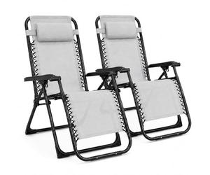 MARBUENO Pack 2 Tumbonas Gravedad Cero Plegables Gris con Reposacabezas, Sillas Relax Exterior de Acero y Textileno Transpirable para Jardín, Terraza, Piscina y Camping 90x66x108 cm