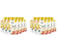 Marca Amazon - Mama Bear Bolsitas de Puré de manzana, melocotón, plátano y pera ecológicos con harina de avena ecológica, vegetariano, 90g, Paquete de 12