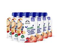Marca Amazon - Mama Bear Bolsitas de Puré de manzana, plátano, frambuesa y arándano ecológicos, vegetariano, 90g, Paquete de 6