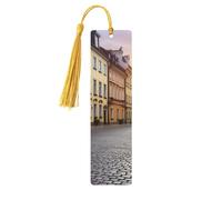 Marcador de madera con borlas, etiqueta colgante de madera, marcapáginas de calle del centro histórico de Polonia, adornos hechos a mano, marcapáginas de madera vintage, marcapáginas artesanales de lu