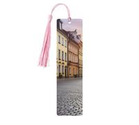 Marcador de madera con borlas, etiqueta colgante de madera, marcapáginas de calle del centro histórico de Polonia, adornos hechos a mano, marcapáginas de madera vintage, marcapáginas artesanales de lu