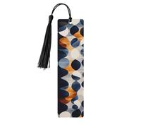 Marcador de madera personalizable con borla de doble cara, diseño abstracto azul marino y naranja quemado.