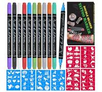 Marcador de Tatuaje Temporal para la Piel, 12 Marcadores Corporales de Metal + 80 Plantillas de Tatuaje, Niños Adultos, Colores Brillantes, Pintura Corporal DIY, Secado Rápido y Lavable