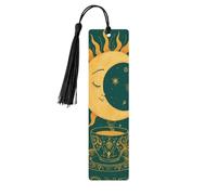 Marcapáginas de madera con borla, diseño místico de luna, sol, estrella y té, forma rectangular, ideal para amantes de los libros.