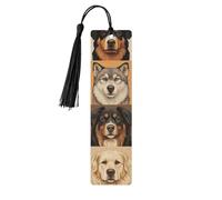 Marcapáginas de madera con borla y diseño de mirada serena de perros, rectangular, ideal para amantes de los libros.