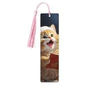 Marcapáginas de madera con diseño de gato que canta villancicos de Navidad, marcapáginas de madera vintage para colgar, adornos con borlas, marcadores de página de lectura para mujeres y hombres