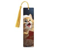 Marcapáginas de madera con diseño de gato que canta villancicos de Navidad, marcapáginas de madera vintage para colgar, adornos con borlas, marcadores de página de lectura para mujeres y hombres