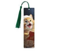 Marcapáginas de madera con diseño de gato que canta villancicos de Navidad, marcapáginas de madera vintage para colgar, adornos con borlas, marcadores de página de lectura para mujeres y hombres