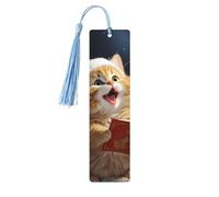 Marcapáginas de madera con diseño de gato que canta villancicos de Navidad, marcapáginas de madera vintage para colgar, adornos con borlas, marcadores de página de lectura para mujeres y hombres