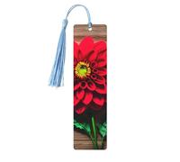Marcapáginas de madera con estampado de dalia roja con borla, hermosos marcadores hechos a mano, marcadores para leer