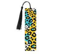 Marcapáginas de madera con estampado de leopardo y guepardo turquesa y amarillo con borlas, 4,6 x 1,2 pulgadas, para accesorios de lectura.