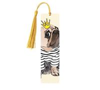 Marcapáginas de madera con estampado de perro carlino con borlas, marcadores para leer libros de tapa dura
