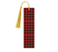 Marcapáginas de madera con estampado rojo y negro a cuadros, marcapáginas de madera para amantes de los libros con borlas, accesorios