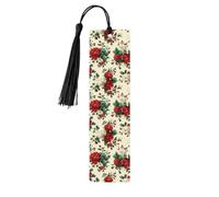 Marcapáginas de madera con flores rojas y verdes con puntos blancos con borlas, letrero de madera para manualidades, marcadores de libros para lectores amantes de los libros