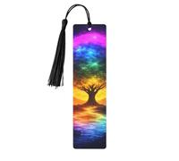 Marcapáginas de madera con forma de árbol arcoíris luminoso y borlas, 4,6 x 1,2 pulgadas, para accesorios de lectura.