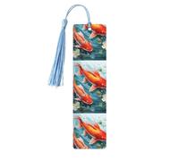 Marcapáginas de madera japonesa con diseño de pez carpa roja para los amantes de los libros, marcapáginas de bricolaje con borlas coloridas, etiquetas de regalo de madera, etiquetas rectangulares