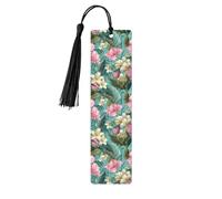 Marcapáginas de madera turquesa con borlas y flores blancas tropicales rosas y blancas para manualidades, marcadores de libros para lectores y amantes de los libros