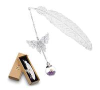 Marcapaginas Originales, Marcapáginas de Plumas de Metal con Mariposa 3D y Colgante de Flor Seca Eterna de Cuentas de Vidrio, Regalo para Profesora Lectores Mujeres y Niños