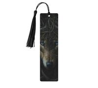 Marcapáginas rectangular de madera con borla y diseño de mirada de lobo, ideal para amantes de los libros.