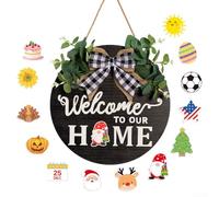 Marchfunny Letrero de bienvenida redondo de madera para puerta delantera de temporada, intercambiable, para colgar en la pared, corona de boj rústica, decoración del hogar para sala de estar, cocina