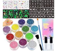 Marckershome Kit De Tatuajes Purpurina Temporales Glitter Tattoo Studio,12 Colores Brillo con 57 Plantillas,Unicornio Sirena Luminoso,Tatuajes Brillantes,Regalos Para Niños,Fiesta Regalos Carnaval