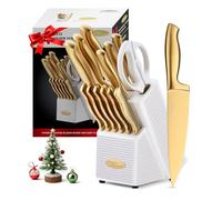 Marco Almond® Juego de Cuchillos Dorados MA21 - 14 Piezas de Acero Inoxidable Con Revestimiento de Titanio - Cuchillos de Cocina Con Bloque Blanco