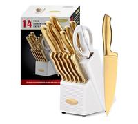 Marco Almond® Juego de Cuchillos Dorados MA21 - 14 Piezas de Acero Inoxidable Con Revestimiento de Titanio - Cuchillos de Cocina Con Bloque Blanco