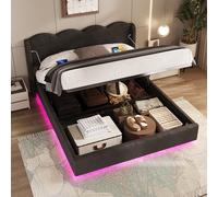 Marco de cama acolchado, marco de cama plano ondulado, adecuado para cama doble, con luz LED, interfaz USB+C, carga y gran espacio de almacenamiento, tela de terciopelo (negro 160 cm x 200 cm)