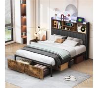 Marco de cama de metal de 140 x 200 cm, cama doble acolchada con 2 cajones, cabecero con almacenamiento con iluminación LED y carga USB, cama de plataforma para camas para 2 personas con somier de