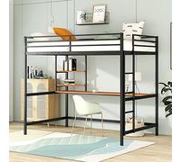 Marco de cama loft compatible con jóvenes y adultos, cama alta de metal con escritorio y estante, ahorro de espacio/sin ruido/no necesita somier/fácil montaje (blanco, matrimonial), cama Queen (negro