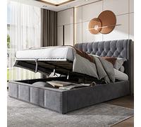Marco de cama otomano tapizado de terciopelo con elevación hidráulica de gas, elegante marco de cama doble de 4 pies 6 pulgadas, listones de madera, decoración de remaches, color gris, ahorro de