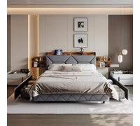 Marco de cama tapizado de 160 x 200 con somier, cama doble acolchada con USB y respaldo inclinado, cama con 4 cajones de almacenamiento, cabecera oculta con almacenamiento deslizante (gris-2, 160 x