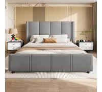 Marco de cama tapizado moderno de 160 x 200 cm con cabecero alto, puerto USB, marco de hierro y tablero de madera, estable y duradero, gris, muebles de dormitorio