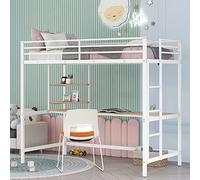 Marco de cama tipo loft compatible con jóvenes y adultos, cama alta de metal con escritorio y estante, ahorro de espacio/sin ruido/no necesita somier/fácil montaje (blanco, matrimonial), cama Queen