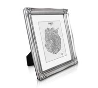 Marco de Fotos Antiguo, 20 x 25 cm, con paspartú para Fotos de 13 x 18 cm, Cristal Frontal - 3 cm de Ancho - Estilo Barroco rococó - Plata Antigua