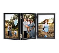 Marco de fotos de 13 x 18 cm, negro, triple collage de 13 x 18 cm, de madera con frontal de cristal, soporte plegable para colocar en vertical en el escritorio