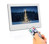 Marco de Fotos Digital de 7 Pulgadas con Pantalla TFT de Control Remoto Pantalla 16:9, Reproductor con Reloj Despertador con Calendario, Adecuado para Varios Escenarios (White)